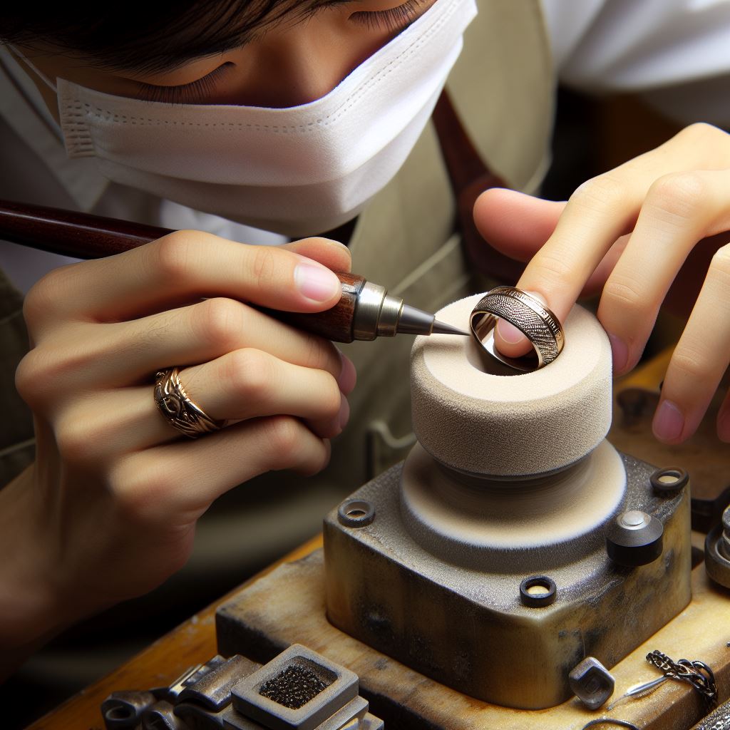 ジュエリー専門の職人によって 指輪を磨く